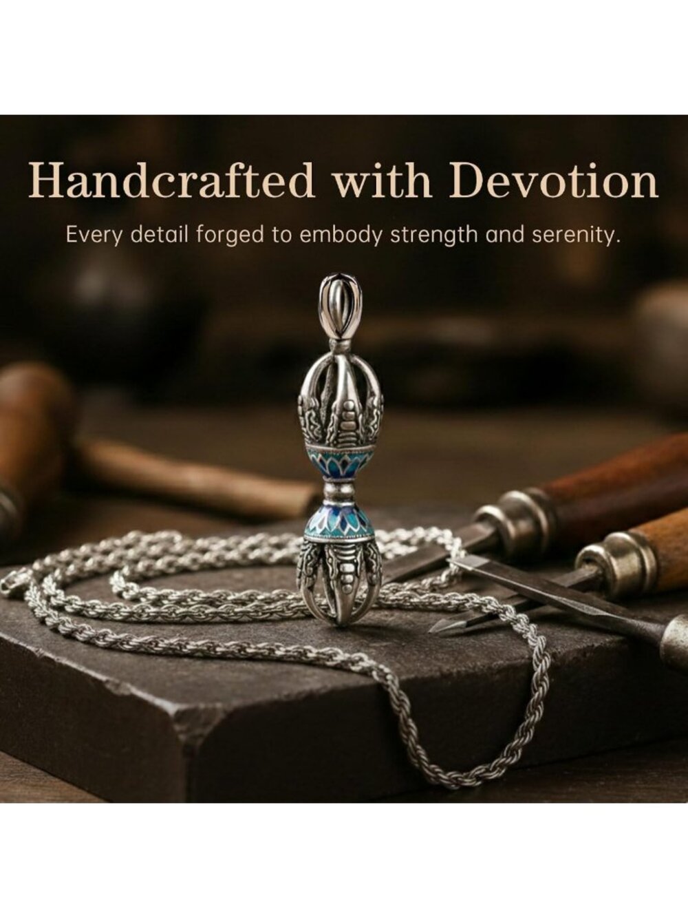 Men's Tibetan Vajra Necklace | Silver Dorje Pendant, Adjustable Rope Chain - Picture 6 of 8